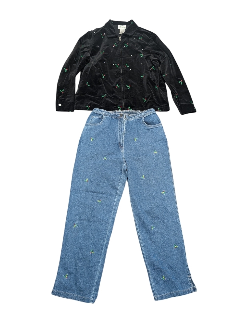 QUACKER FACTORY Black Velvet Jacket Matching Blue Denim Pants Holiday (Large)